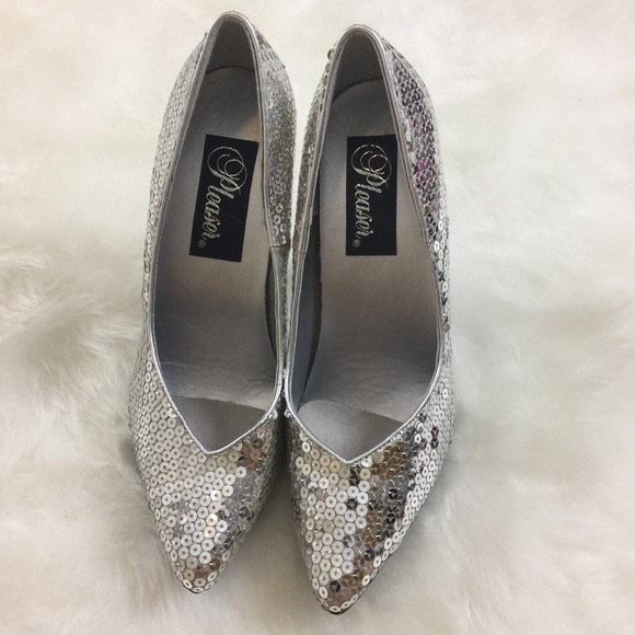 NWOT SEXY PLEASER SEDUCE 420 SILVER SEQUIN HEELS - Picture 5 of 6